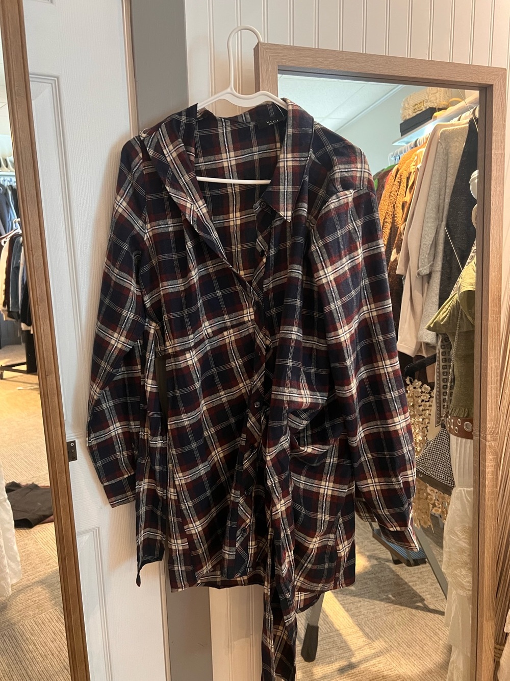 Plaid Button-Front Shirt Jacket - Navy & Burgundy
